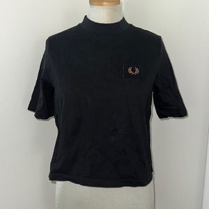 Fred Perry black mock neck short sleeve shirt logo 6 crop shirt top small